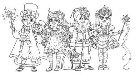 Children in carnival costumes Christmas characters Santa Claus,Star, Christmas night, snowman outlined for coloring page