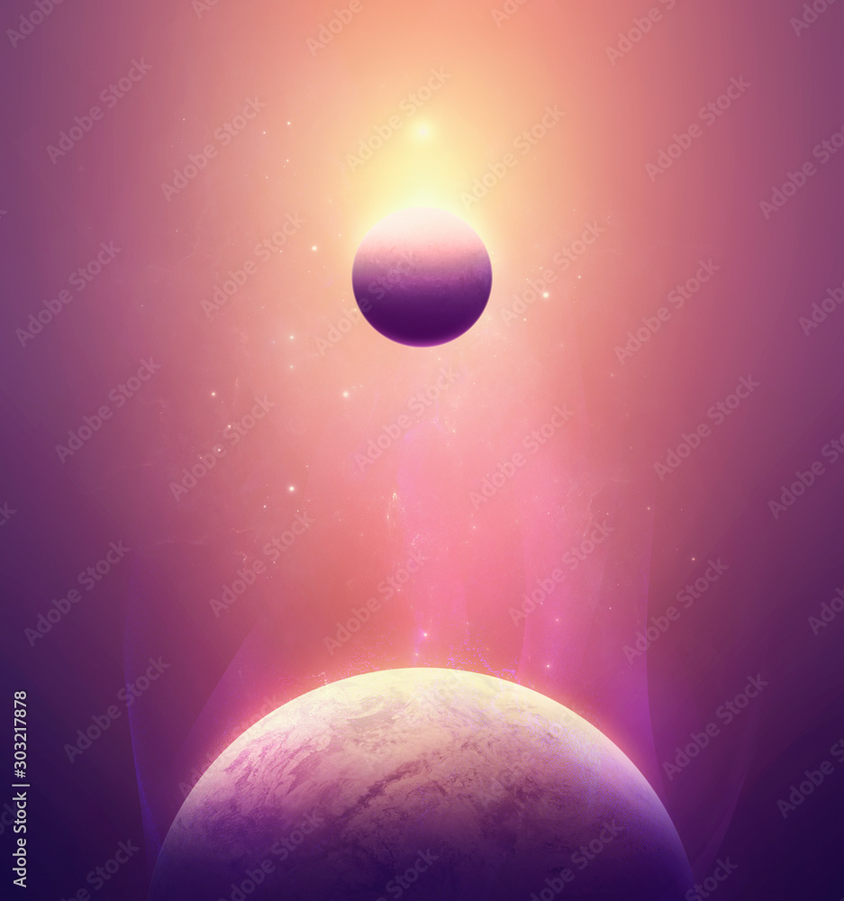 Wall mural two planets against the background of the nebula