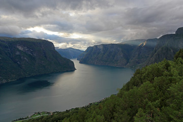 Sunset on Aurlandsfjord from Stegastein view point