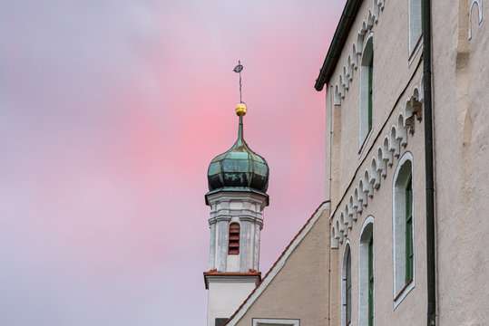 Tower of the Mindelburg in the evening light. Frundsberg castle of Mindelheim Germany