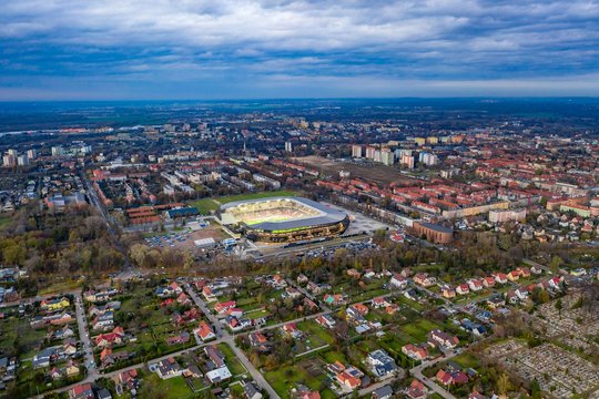 Aerial drone view on Zabrze city and stadium