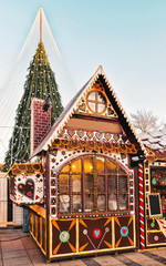 Christmas tree and gingerbread house stall at Cathedral square in Vilnius in Lithuania.