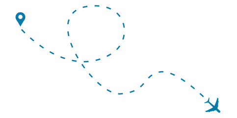 Airplane route in the dotted line shape. Travel concept, airplane path with location markers. Vector