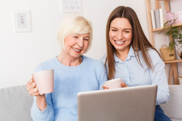 Adult daughter and her mature mother using laptop, holding cup with beverage