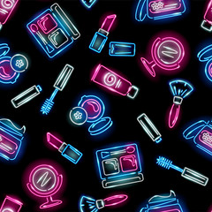 Seamless pattern with neon makeup icons on black background: mascara, eyeshadow, powder, cream, lipstick, brush. Cosmetics, fashion, beauty, girl, lady, woman concept. Vector 10 EPS illustration.