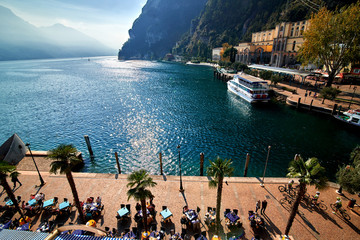 Riva del Garda,Lago di Garda ,Italy - 18 October 2018:View to the port of Riva del Garda and the...