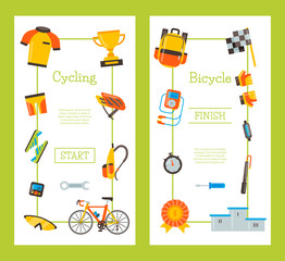 Bicycle uniform and sport accessories vector illustration. Bike activity, cycling equipment and sports accessory. Vertical banners or flyers templates