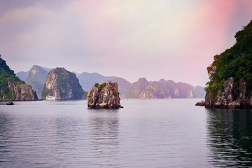 Halong bay boats,Sunset at Ha Long Bay scenic view , Hanoi, Vietnam