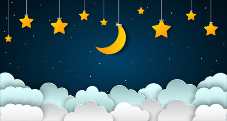 Croissant de lune avec étoiles et nuages dans le ciel nocturne. Fond d& 39 art de style papier lune et étoiles - Vectoriels