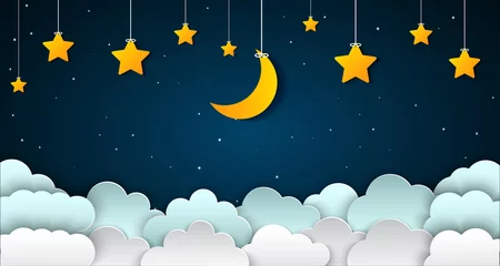 Foto op Plexiglas Kinderkamer Halve maan met sterren en wolken in de nachtelijke hemel. Maan en sterren papier stijl kunst achtergrond - Stockvector