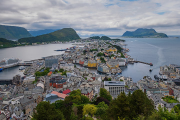 City Centre of Alesund from the Fjellstua Viewpoint on top of the mount Aksla, More og Romsdal, Norway. Aerial drone shot. July 2019