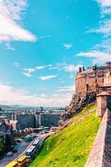 Street view on Edinburgh Castle on the hill in Scotland in the UK.