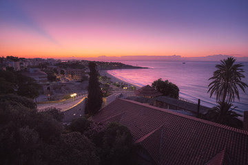 Pink sunrise on the sea from Tarragona Mediterranean balcony, Spain - 303224872