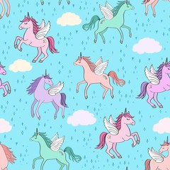 Seamless repeat pattern with pastel colors winged unicorns pegacorns flying in blue sky with clouds surrounded by twinkling stars