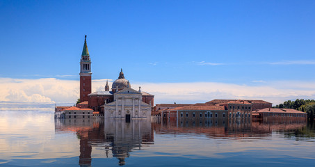 Concept image of a flooded Basilica San Giorgio Maggiore in Venice as sea level rise makes the city...