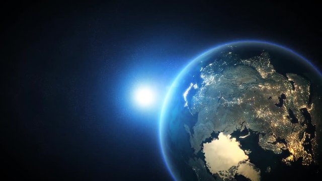 World and sun realistic 3D rendering. Shiny sunlight over Planet Earth, cosmos, atmosphere. Shot from Space satellite - 4K