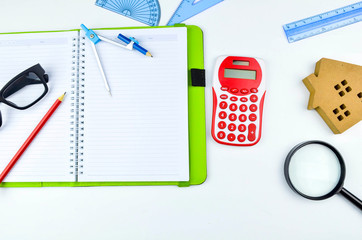 Draughtsmanship tools on the white background.