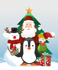 Santa Claus with cute penguin and elf and snowman