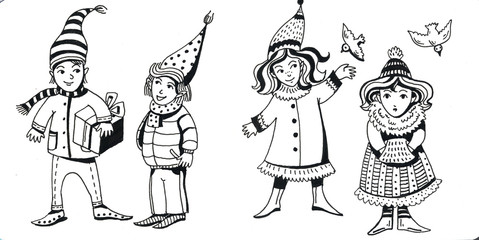children in winter walk and celebrate the New Year and Christmas drawing object