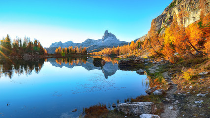 Wonderfull autumn view of  Lake Federa in Dolomites