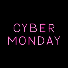 Cyber Monday hot pink realistic neon sign on black background. Online shopping web banner. Easy to edit vector template for logo design, advertising poster, flyer, etc.