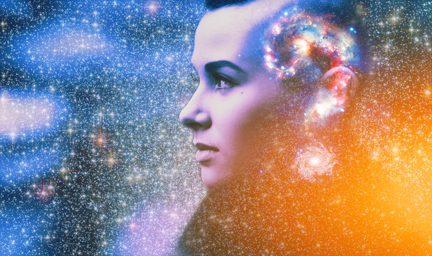 Double multiply exposure abstract portrait of young woman face with galaxy universe space inside head. Human spirit, astronomy, ask question, answer concept Elements of this image furnished by NASA.