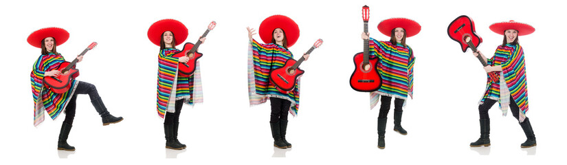 Pretty mexican girl in vivid pocho isolated on white