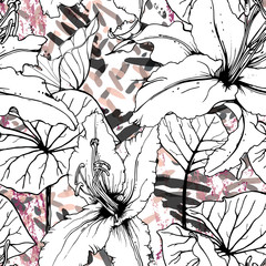 Fototapeta premium Floral Black and White Pattern. Pink