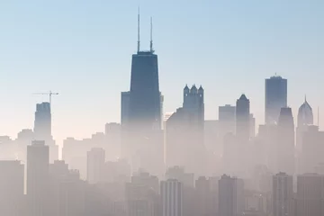 Foto op Aluminium Chicago Skyline, Lake Michigan, and Lincoln Park Enveloped in Autumn Sunrise Fog © Ashland
