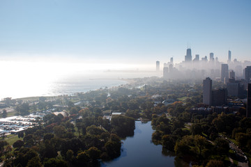 Chicago Skyline, Lake Michigan, and Lincoln Park Enveloped in Autumn Sunrise Fog