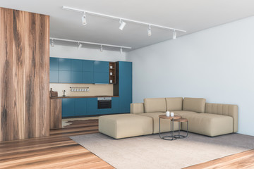 Blue and wooden kitchen and living room corner