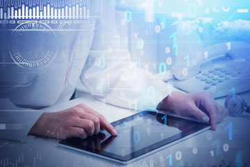 Doctor with tablet in office, infographics
