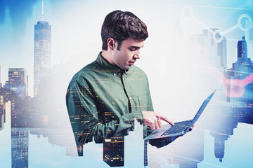 Computer man using laptop in city, digital graph