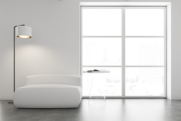 Modern white living room with armchair
