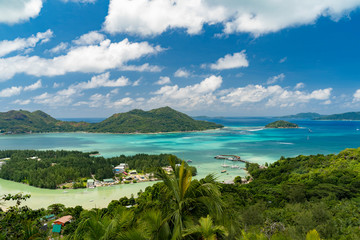 Scenic landscape view from top of fond ferdinand nature reserve in Praslin on Bay of St. Anne. Amazing views of Seychelles and Indian Ocean.