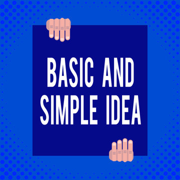 Word writing text Basic And Simple Idea. Business photo showcasing Plain Mental Images or Suggestions a Common Perception Two hands holding big blank rectangle up down Geometrical background design