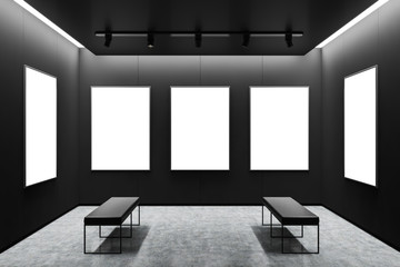 Black art gallery interior with mock up posters