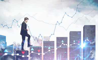 Man climbing bar chart in city, digital graph