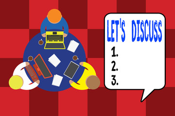 Handwriting text writing Let S Discuss. Conceptual photo asking someone to talk about something with demonstrating or showing Working round table male employees electronic devices documents coffee cup