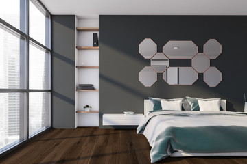 Gray master bedroom with mirrors and shelves