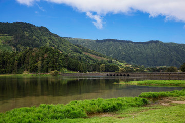 Fototapeta na wymiar Picturesque view of the Lake of Sete Cidades, a volcanic crater lake, Sao Miguel island, Portugal
