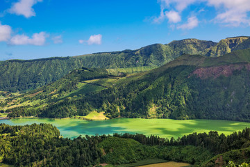 Obraz premium Picturesque view of the Lake of Sete Cidades, a volcanic crater lake, Sao Miguel island, Portugal