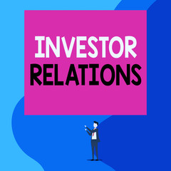 Text sign showing Investor Relations. Business photo showcasing analysisagement responsibility that integrates finance Isolated view young man standing pointing upwards two hands big rectangle