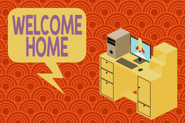 Writing note showing Welcome Home. Business concept for a reception usually celebrate the return home of a demonstrating Desktop station drawers personal computer launching rocket