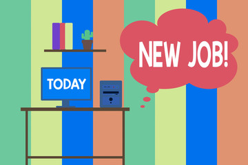 Text sign showing New Job. Business photo showcasing recently having paid position of regular employment Desktop computer wooden table background shelf books flower pot ornaments