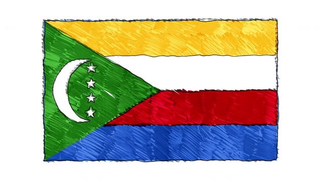 Stop motion animation of marker drawn The Comoros flag on a whiteboard. Perfectly loop-able. High quality 4k footage. Hand drawn cartoon animation style.