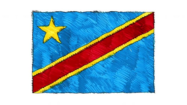 Stop motion animation of marker drawn Democratic Republic Of Congo flag on a whiteboard. Perfectly loop-able. High quality 4k footage. Hand drawn cartoon animation style.