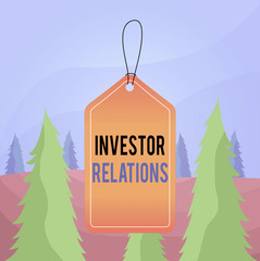 Word writing text Investor Relations. Business photo showcasing analysisagement responsibility that integrates finance Empty tag blank space colorful background label rectangle attached string