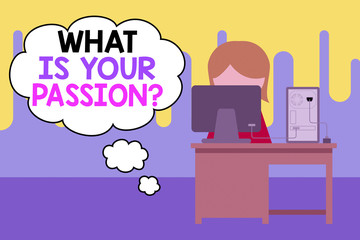 Text sign showing What Is Your Passion Question. Business photo showcasing asking about his strong and barely controllable emotion Young female working office sitting desktop computer office monitor