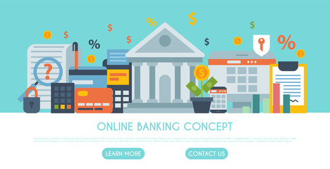 Online banking, money payment or shopping vector illustration. Web banner of on line payments, and transfers, bank funds and business transactions template for landing pages